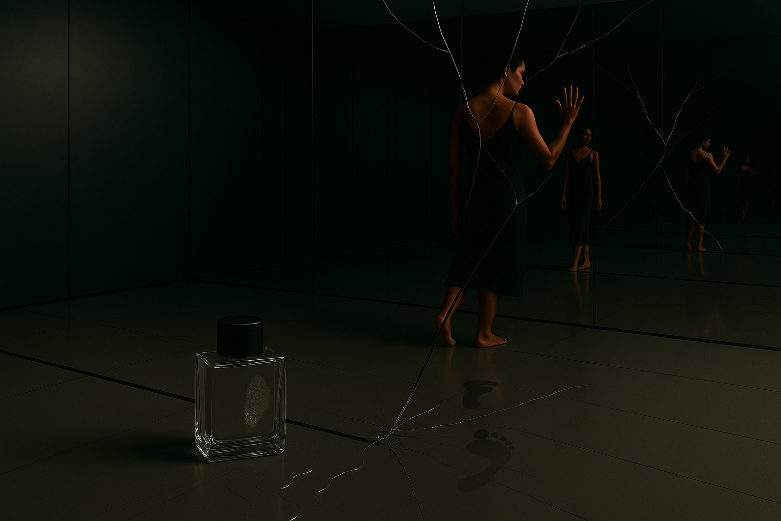 Reflection: Woman and bottle in shattered mirror